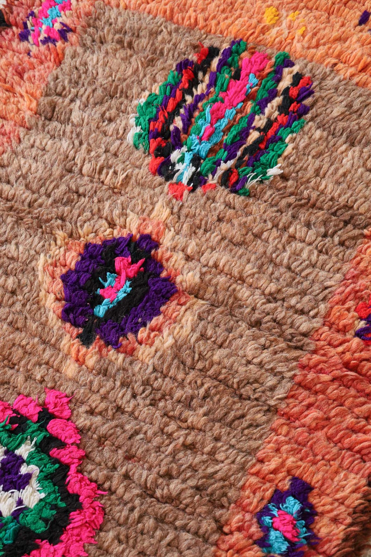 Boucherouite or Azilal style, Moroccan rug, detail of the lovely mix of of wool earthy tones and amazing bold colors diamonds !
